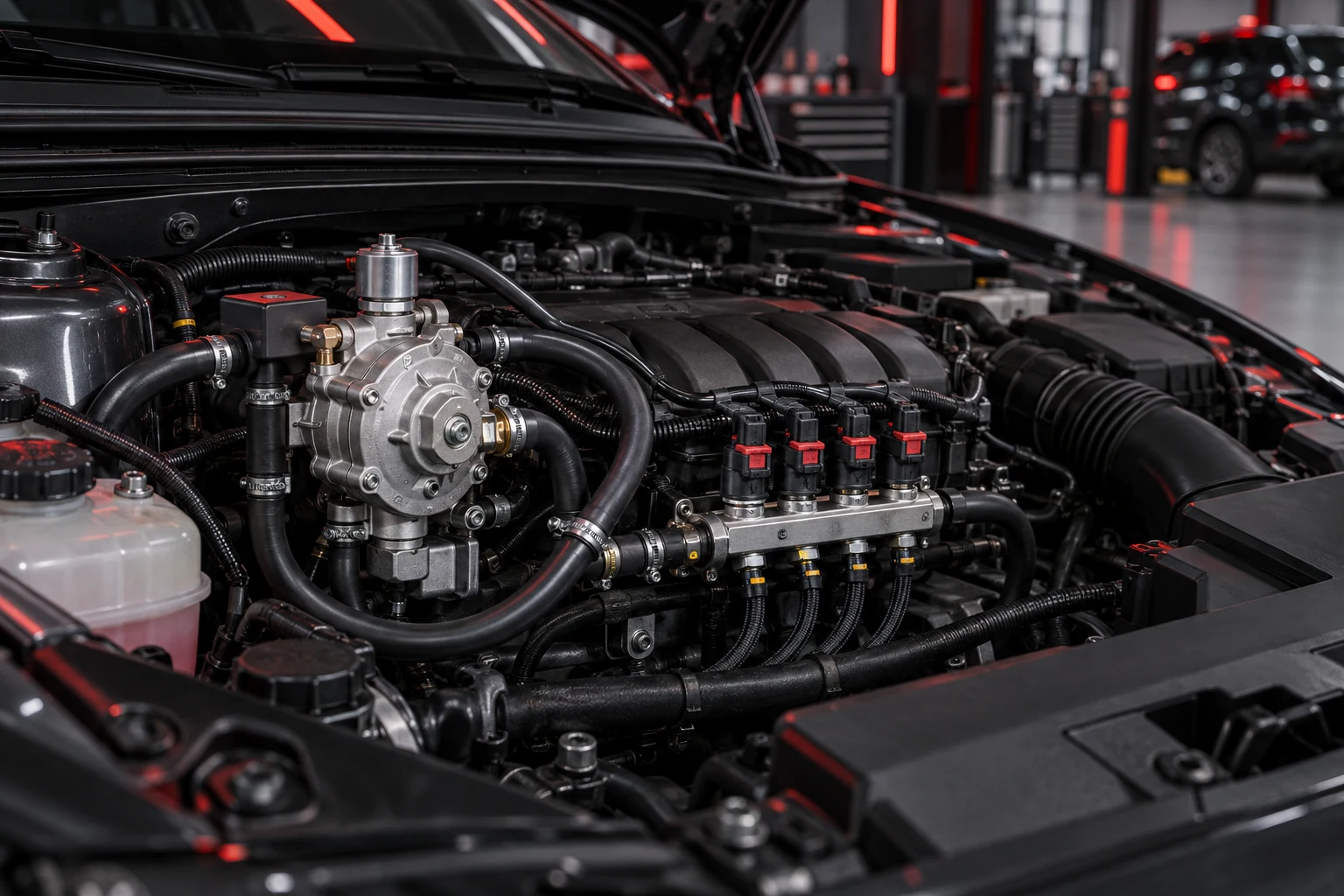 Motor bölmesine profesyonelce yerleştirilmiş LPG regülatörü ve enjektör rayı